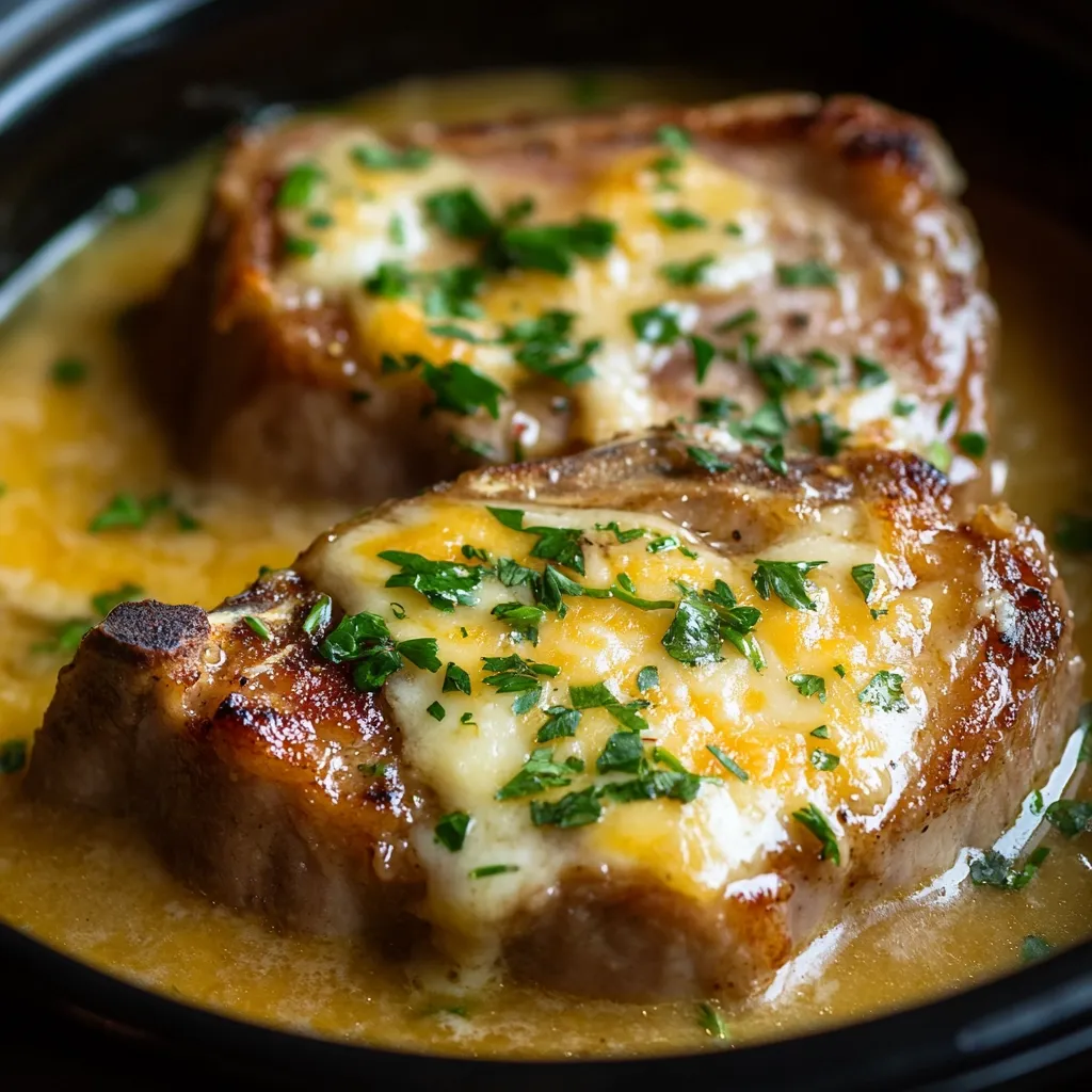 Two savory pork chops are nestled in a creamy, golden sauce.  The chops are topped with melted cheese and a sprinkle of fresh parsley.  The dish is presented in a dark bowl, highlighting the rich colors and textures of the food.  It appears to be a comforting and delicious meal.