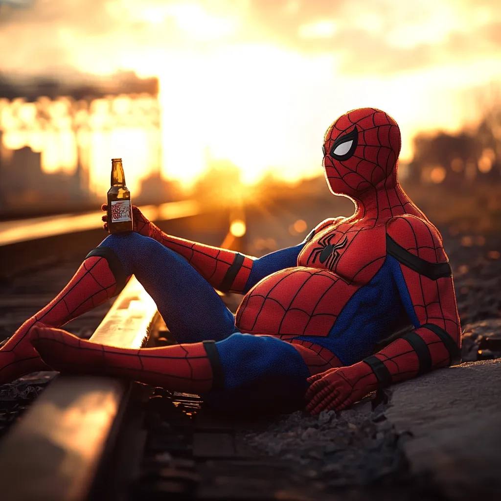 A pregnant Spider-Man sits on railroad tracks at sunset, holding a beer bottle.  The superhero costume is stretched to accommodate his enlarged belly. The scene is bathed in warm, golden light, creating a humorous and unexpected juxtaposition of the iconic character and a relaxed, everyday moment.  The overall mood is lighthearted and slightly surreal.
