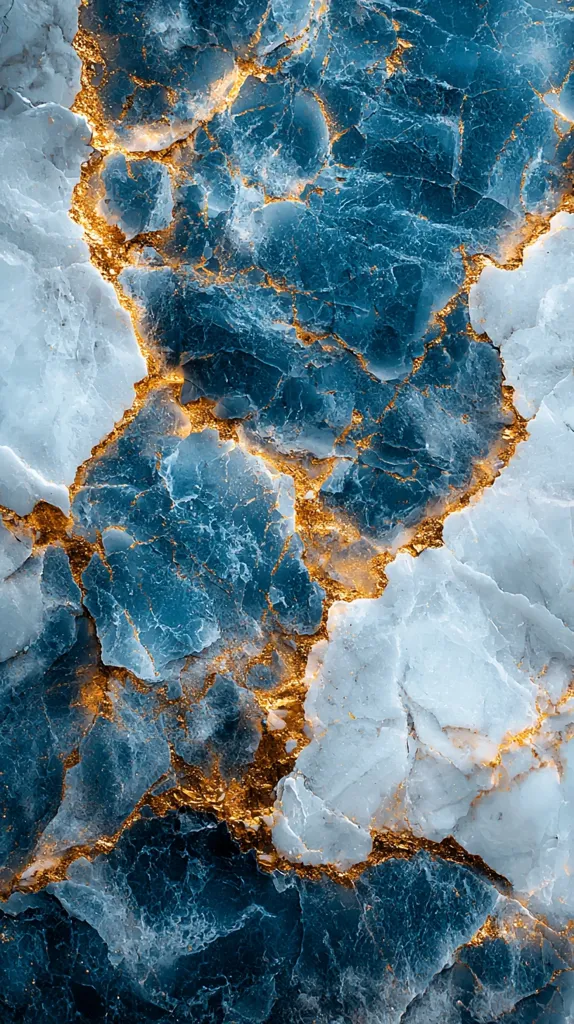 A captivating image showcases a striking marble texture.  Deep teal and icy white hues blend seamlessly, creating a dramatic contrast.  Intricate gold veins elegantly trace the marble's natural fissures, adding a touch of luxury and opulence. The interplay of color and texture evokes a sense of depth and sophistication. The overall effect is both visually stunning and artistically compelling.