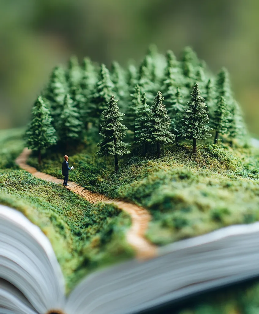 A miniature man stands on a path winding through a lush, miniature forest nestled within the open pages of a book.  The scene depicts a tiny, verdant world, suggesting themes of exploration, nature, and the power of imagination or storytelling. The depth of field emphasizes the miniature scale, creating a whimsical and enchanting image.