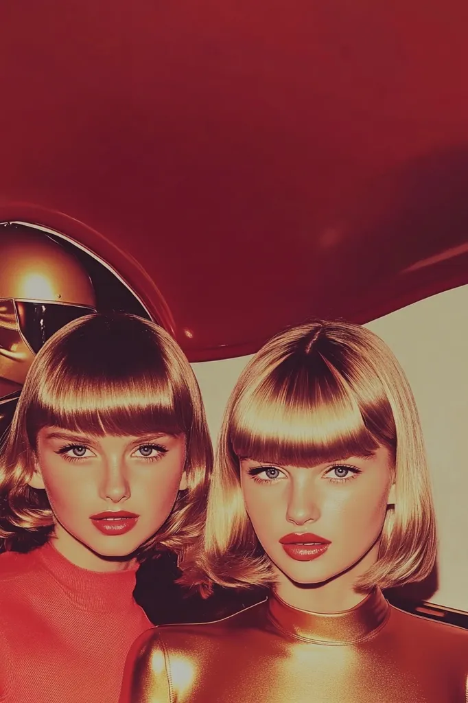 Two women with identical blonde bobs and makeup pose against a backdrop of a red curved surface. One wears a red turtleneck, and the other a gold, metallic turtleneck.  The image has a retro, possibly 1960s, aesthetic with warm, saturated colors.  A partial view of a gold helmet is visible in the upper left corner. The overall mood is sophisticated and stylish.