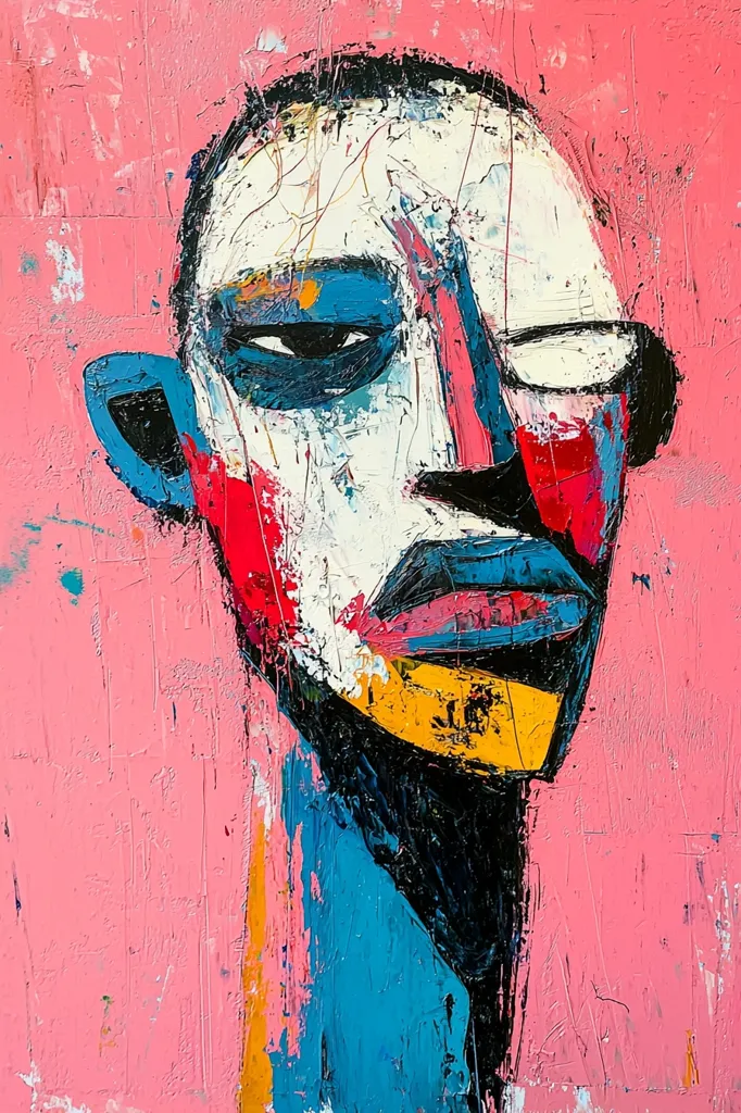A vibrant abstract portrait dominates the canvas, its subject rendered in bold strokes of pink, white, blue, and red.  The face is expressive, with strong features emphasized by the artist's impasto technique.  The background's textured pink complements the energetic brushwork, creating a dynamic interplay of color and form. The overall effect is raw, emotional, and powerfully contemporary.