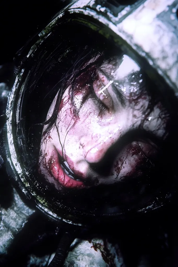 A close-up shot reveals a severely injured woman, her face bloodied and bruised, trapped within a damaged space helmet.  Her eyes are closed, and her expression is one of pain and suffering.  The dark, gritty setting adds to the scene's intense and disturbing atmosphere. Blood and grime cover her skin and the helmet's visor, suggesting a violent struggle or accident. The overall image is stark and unsettling.