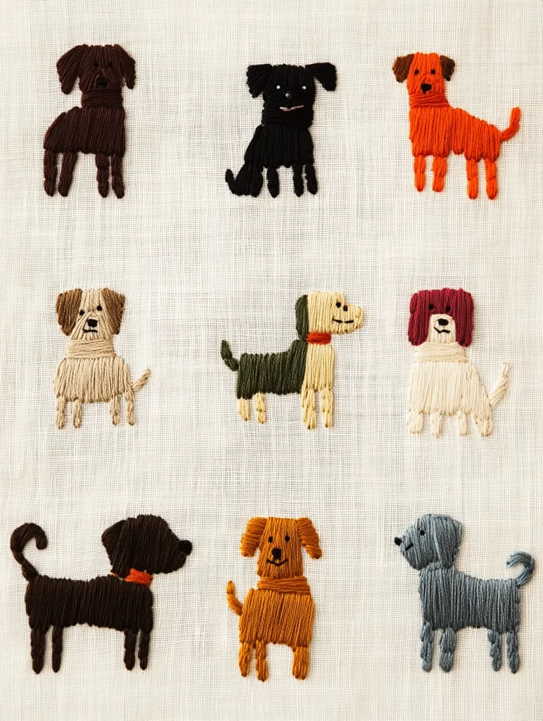 A linen fabric is embroidered with nine stylized dogs in various colors.  Each dog is simply depicted, using embroidery stitches to outline their shapes and features. The dogs are in a grid pattern, and the colors include brown, black, orange, beige, olive green, and gray.  The overall style is whimsical and charming.