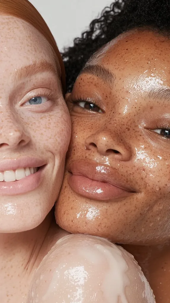 Close-up of two women's faces pressed together.  One woman has fair skin with freckles, the other has darker skin with freckles.  Both faces are glistening with a light-reflective substance, possibly moisturizer or serum. Their expressions are serene and intimate, emphasizing their natural beauty and diverse skin tones. The focus is sharp, highlighting the texture of their skin and the product's sheen.