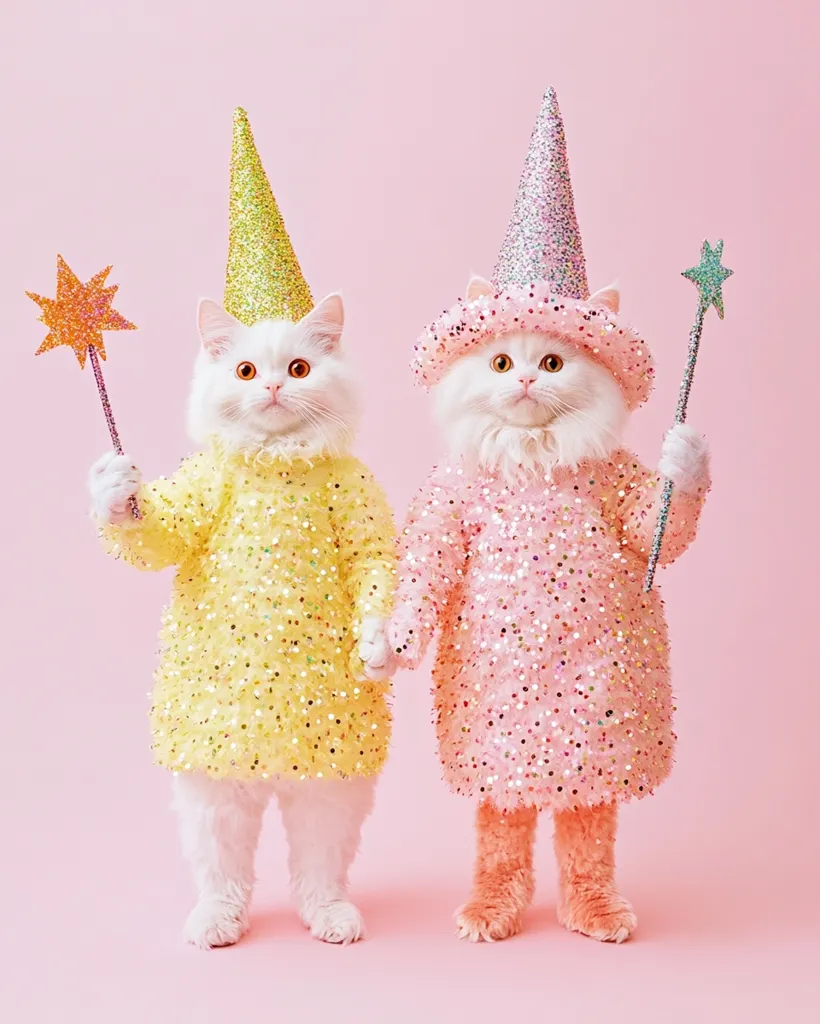 Two fluffy white cats, dressed in pastel yellow and pink sequined costumes, stand side-by-side against a pink background.  Each cat wears a sparkly cone-shaped hat and holds a glittery star wand.  They appear to be playfully posing, creating a whimsical and charming image.