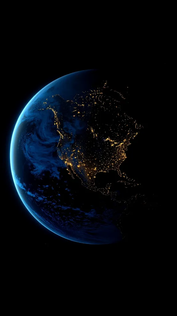 A stunning nighttime view of Earth from space, showcasing the North American continent.  The image highlights the bright city lights illuminating the landscape against the dark backdrop of space.  The planet's curvature is clearly visible, with swirling cloud patterns adding depth and texture to the deep blue of the planet. The contrast between the bright lights and the dark ocean creates a captivating visual.