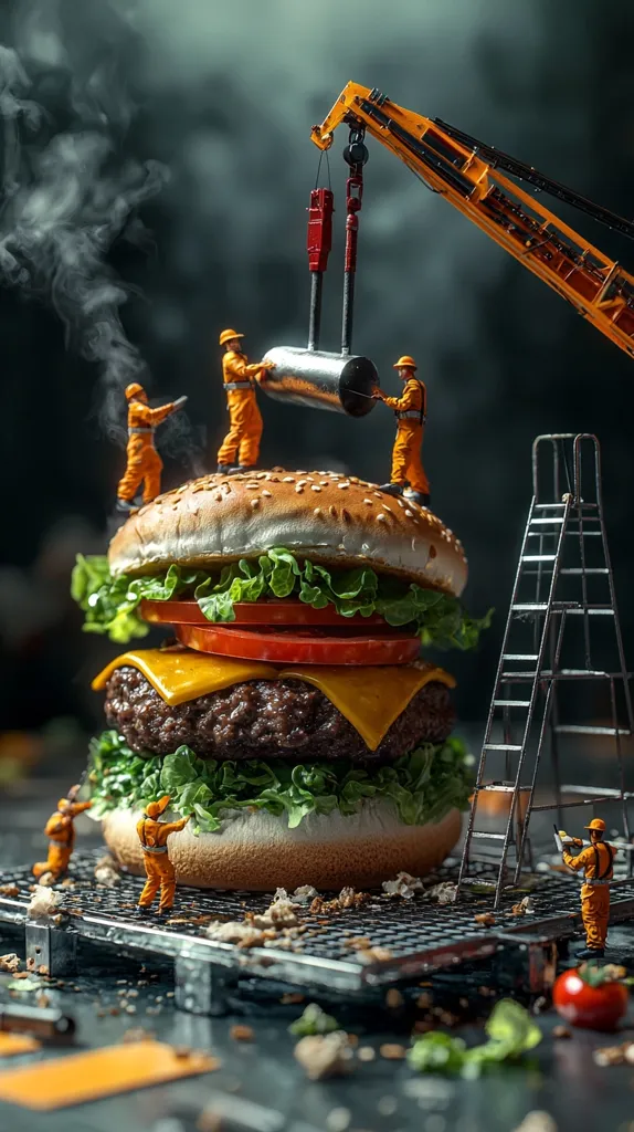 Miniature construction workers, wearing orange overalls, use a tiny crane to lift a metal cylinder onto a colossal hamburger.  The burger, layered with lettuce, tomato, cheese, and a juicy patty, sits on a wire rack.  Crumbs scatter around the base, and a ladder stands nearby. The scene is dramatically lit, with smoke subtly adding to the artistic composition.