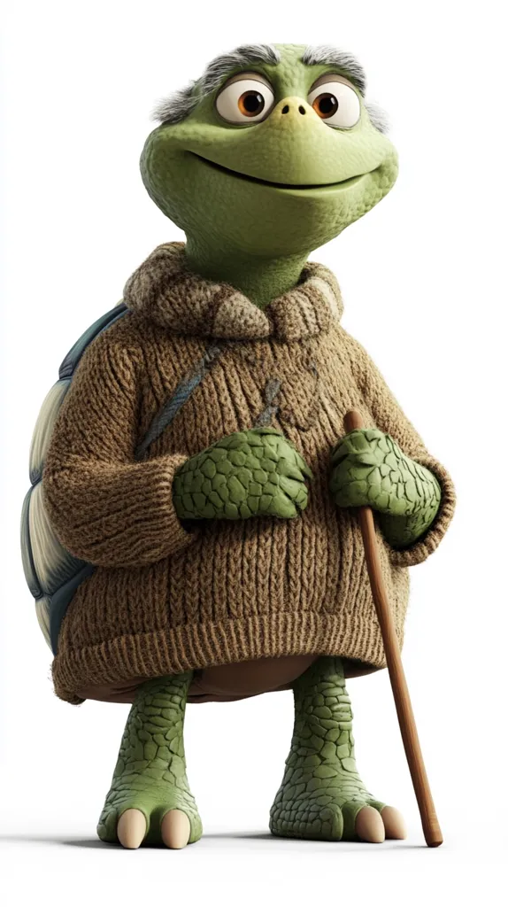 A charming, elderly cartoon tortoise is depicted.  He wears a cozy brown knitted sweater and carries a walking stick.  His shell is partially visible beneath the sweater.  The tortoise has a friendly expression and gray hair atop his head, enhancing his endearing appearance. He stands on a white background.