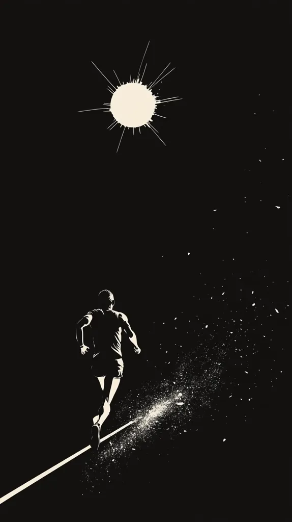 A stylized black and white image depicts a runner in silhouette, viewed from behind, traversing a thin white line that stretches across the dark background.  A burst of white, resembling a sun or star, is positioned above the runner.  A spray of white particles trails behind the figure, creating a sense of movement and speed against the stark black backdrop. The overall effect is dramatic and symbolic.
