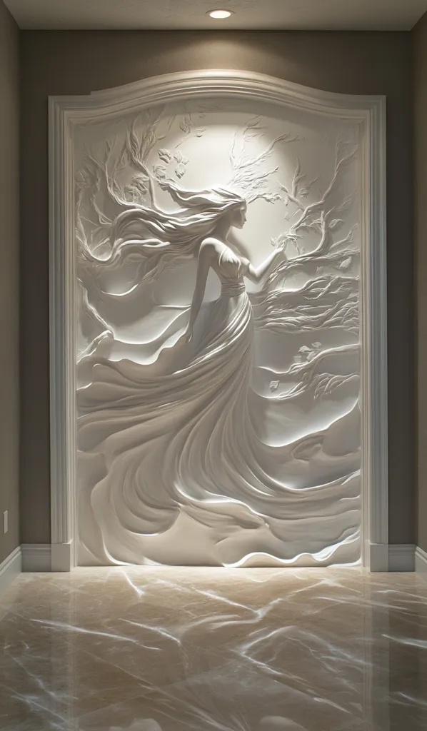 A stunning white bas-relief sculpture adorns a wall, depicting a woman in a flowing gown, her hair swirling like wind-blown leaves amidst stylized branches. The intricate detailing and three-dimensional effect create a dramatic focal point.  The sculpture is elegantly framed within a recessed alcove, enhancing its impact. The polished floor reflects the light, complementing the artwork's ethereal quality.