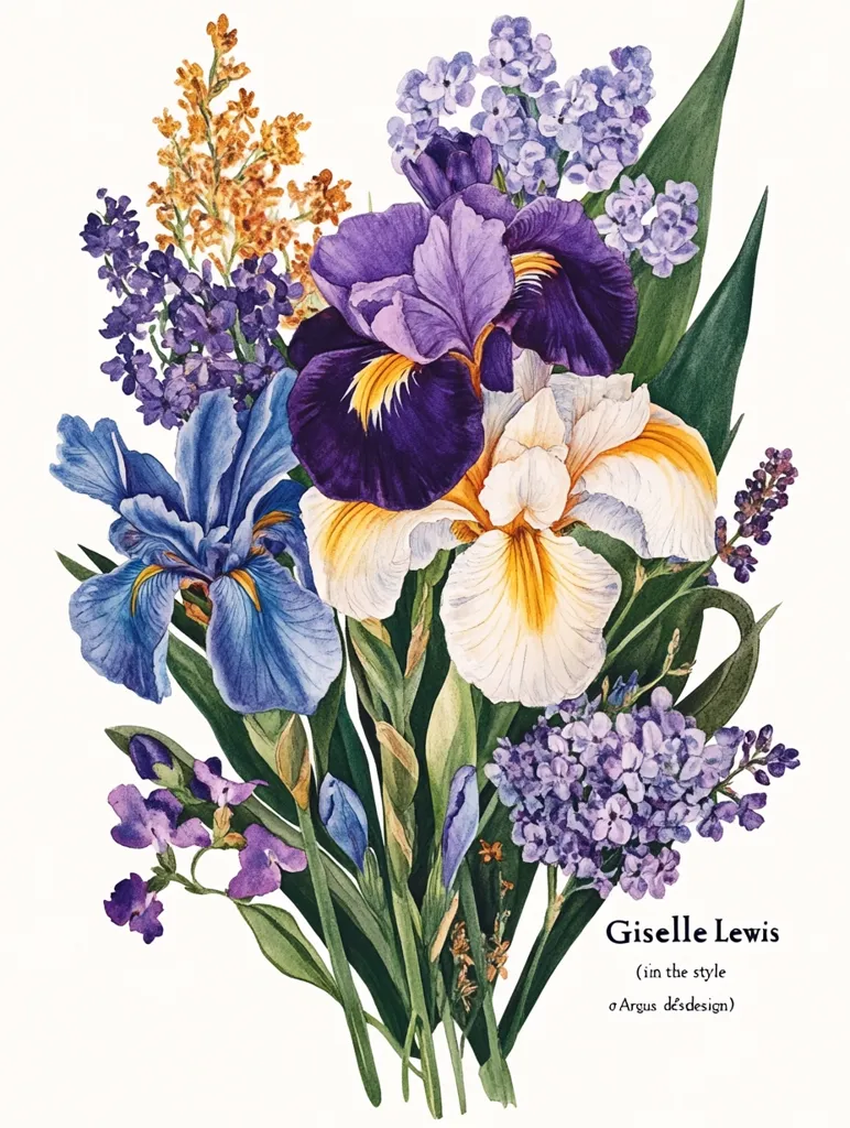 A watercolor painting depicts a vibrant bouquet featuring prominent purple, blue, and white irises.  Lighter purple lilac blossoms and smaller yellow-orange flowers are interspersed throughout the arrangement.  The lush green stems and leaves create a full, rich composition, suggesting a springtime or garden theme. The artwork is signed "Giselle Lewis (in the style of Argus dès design)."