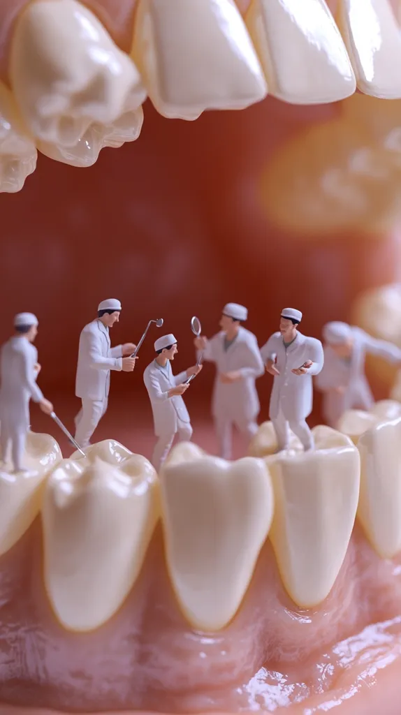 Miniature dentists, dressed in white coats, work diligently within a large model of an open mouth.  They use tiny dental tools to examine and seemingly treat the teeth. The scene is detailed, highlighting the contrast between the miniature figures and the life-sized model of the teeth and gums.  The image creates a whimsical yet professional visualization of dental care.