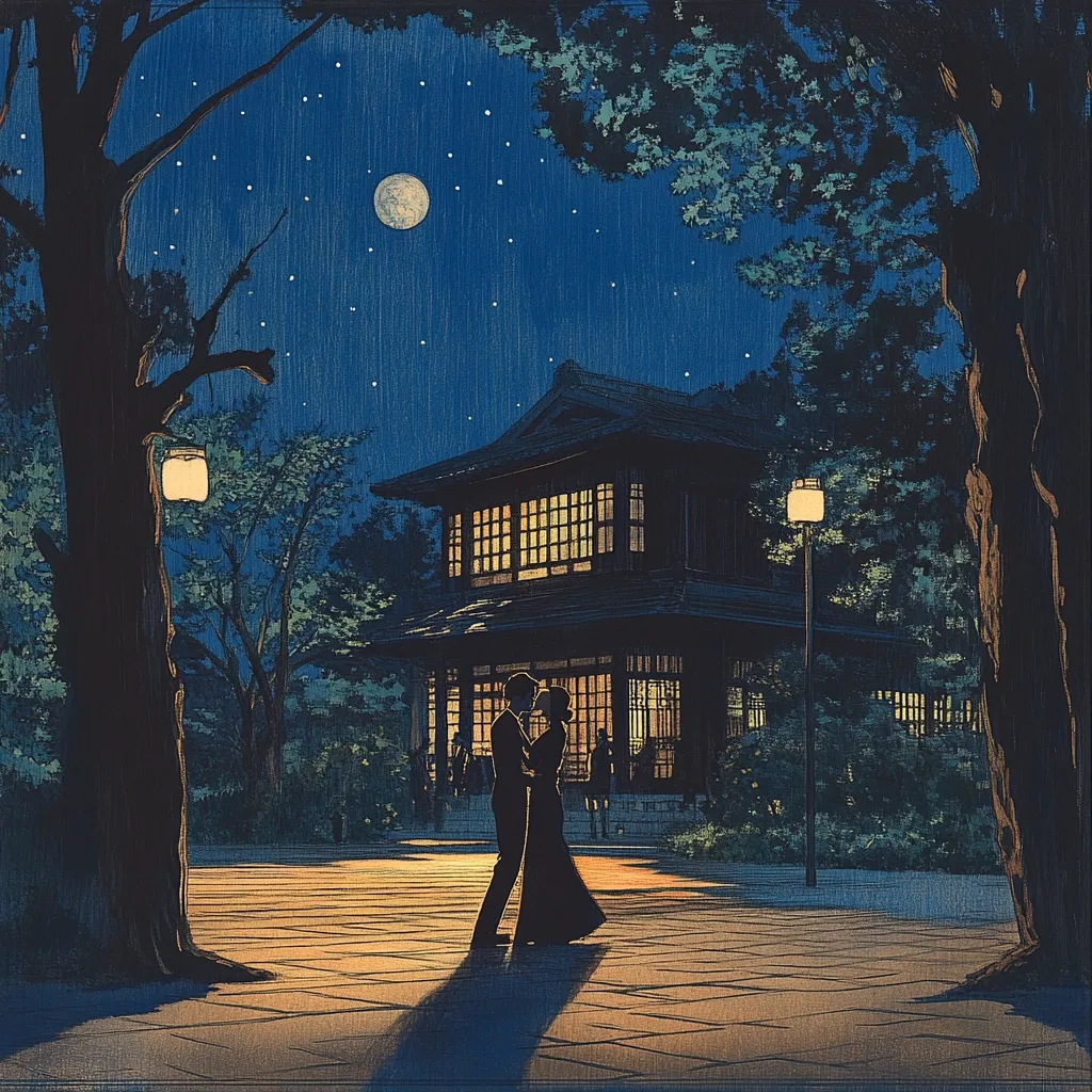 A romantic scene unfolds under a starry night sky illuminated by a full moon. A couple embraces in the foreground, silhouetted against a warmly lit traditional Japanese house.  Trees frame the scene, their branches reaching towards the moonlit sky.  Lanterns cast a soft glow on the couple and the courtyard, creating a serene and enchanting atmosphere.  The artwork's style suggests a woodblock print, emphasizing dark outlines and subtle color variations.