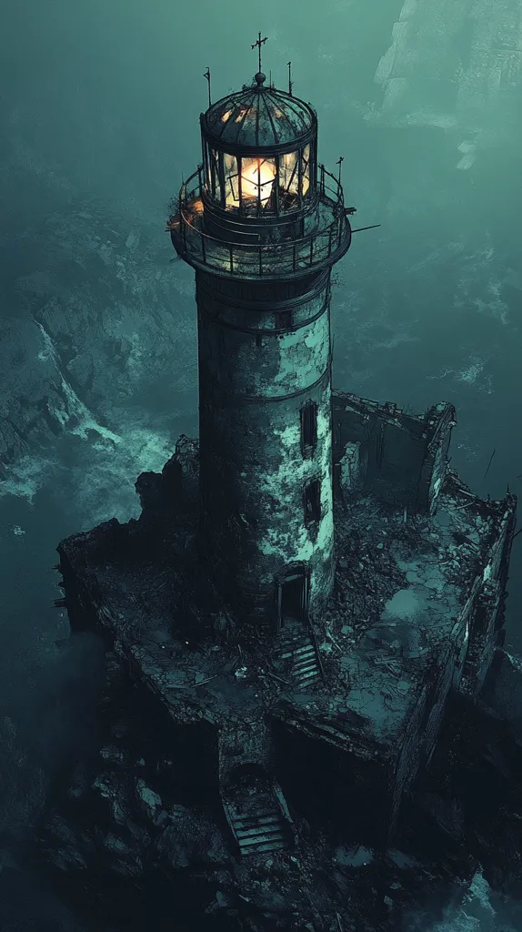 A weathered lighthouse, its lantern still glowing faintly, stands precariously on a crumbling cliff edge.  The structure is partially ruined, with broken stone and debris surrounding its base.  A dark, swirling mist hangs in the air, adding to the desolate and mysterious atmosphere.  The scene evokes a sense of isolation and forgotten history.