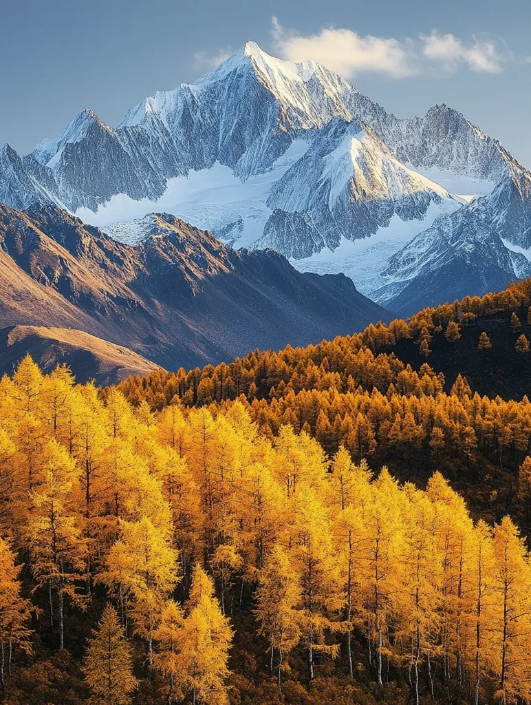 A majestic snow-capped mountain range dominates the background, its peaks gleaming under a clear sky. In the foreground, a vibrant golden forest of larch trees stretches across the landscape, creating a striking contrast of warm and cool colors.  The autumnal foliage adds a rich texture to the scene, showcasing the beauty of nature's seasonal transformation.  The overall composition evokes a sense of serenity and grandeur.