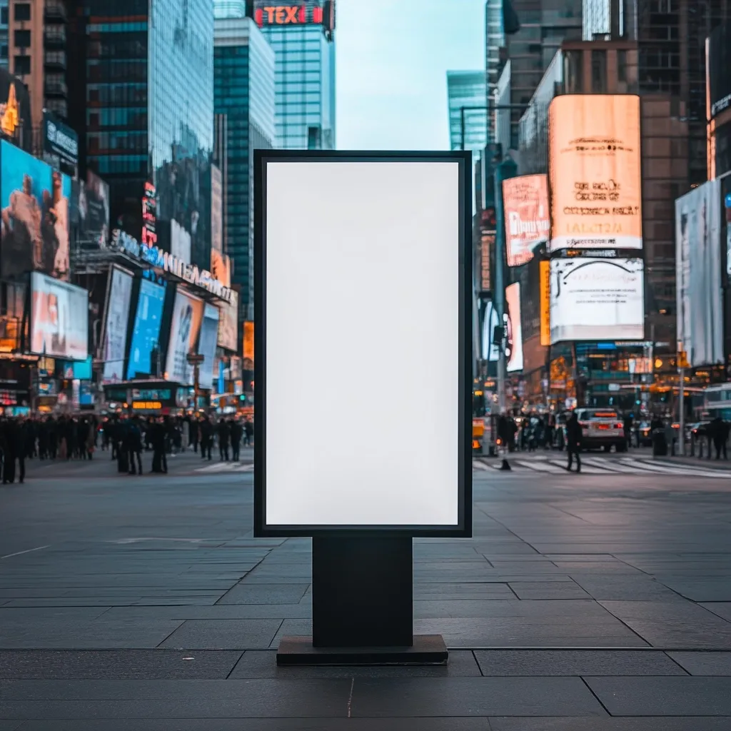A large blank billboard stands prominently in Times Square, New York City.  The bright white screen contrasts with the blurred background of bustling streets and vibrant advertising displays on surrounding buildings.  The scene conveys the energy and high-traffic nature of the iconic location, highlighting the billboard's potential for advertising impact.  The image is a compelling example of urban advertising.