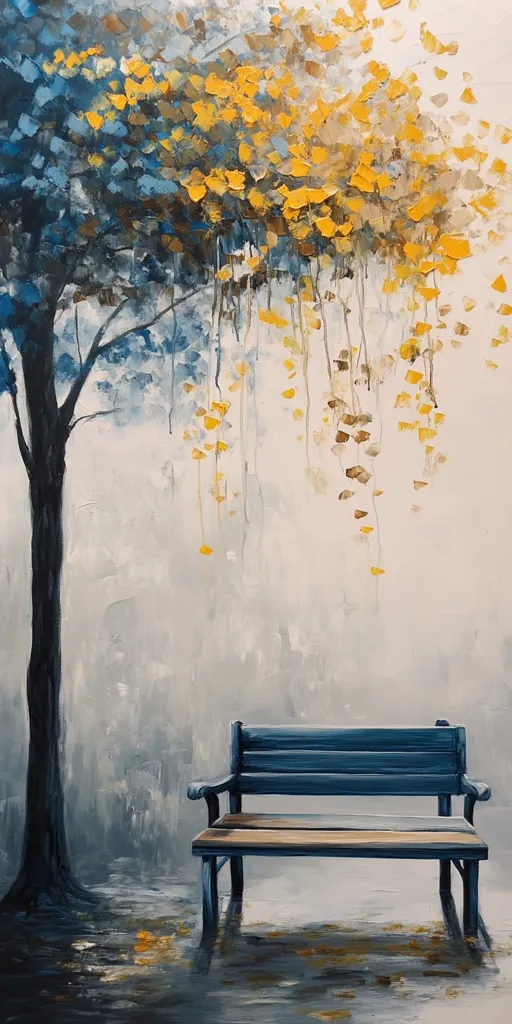 A serene painting depicts a solitary blue bench beneath a tree with cascading blue and yellow leaves.  The background is a soft, misty gray, creating a tranquil and slightly melancholic atmosphere.  The brushstrokes are visible, adding texture to the scene.  The overall impression is one of quiet contemplation and the beauty of nature.