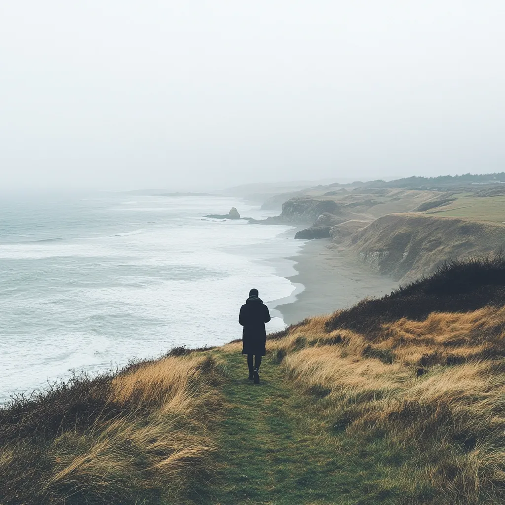 A lone figure in a dark coat walks a grassy path overlooking a vast, misty ocean.  Waves crash gently on a sandy shore, bordered by rugged, rolling hills.  The scene is muted in color, with a hazy atmosphere emphasizing the vastness of the landscape and the smallness of the person.  The overall mood is serene and contemplative.