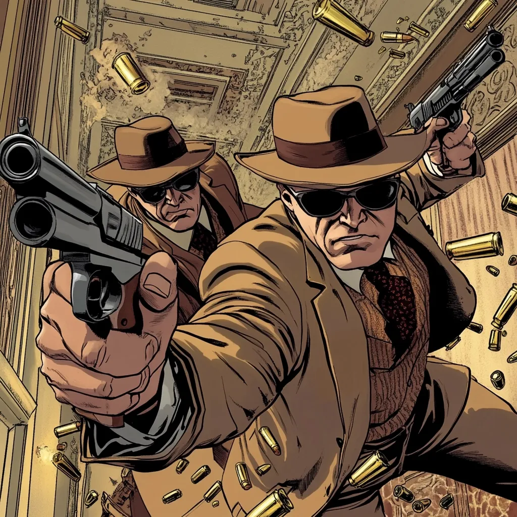 Two men in fedoras and trench coats, sunglasses reflecting light, brandish pistols.  Surrounded by falling bullet casings, they appear to be in the midst of a tense shootout within a grand, ornate building.  Their determined expressions and aggressive stances suggest a dangerous, high-stakes confrontation.  The art style is reminiscent of classic crime comics.