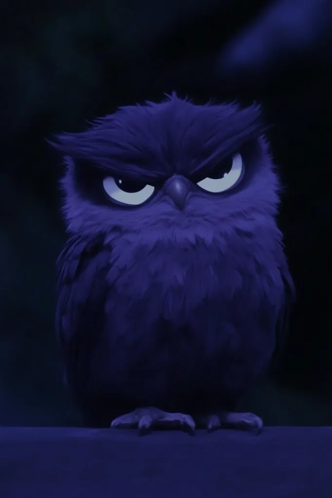 A digitally rendered image depicts a dark purple owl with a grumpy expression.  Its eyes are narrowed, and its feathers appear ruffled. The owl is perched on a dark surface, possibly a branch, against a blurred, dark background. The overall mood is one of nocturnal mystery and slightly menacing charm. The color palette is predominantly deep purples and blacks.