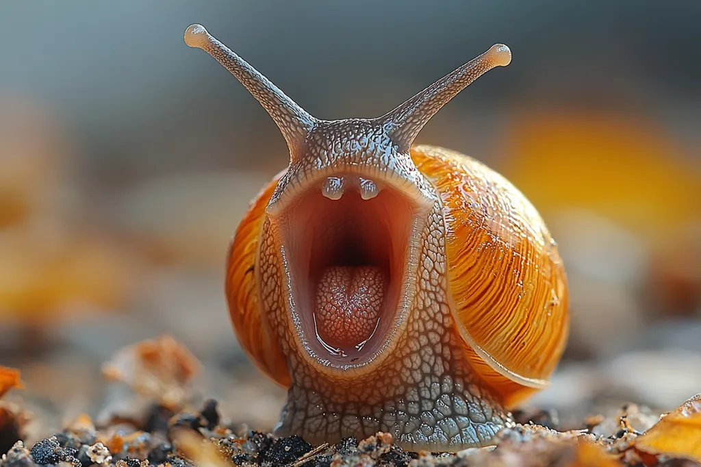 A close-up shot reveals a snail with its mouth wide open, showcasing its internal anatomy.  The snail's shell is a vibrant orange, contrasting with its gray and textured body.  The image is sharply focused, highlighting the intricate details of the creature. The background is blurred, drawing attention to the snail in the foreground. The overall impression is one of surprise or perhaps a comical expression from the tiny creature.