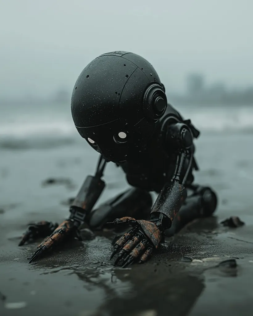 A dark, rain-soaked robot crouches on a wet, dark beach. Its metallic body shows signs of rust and wear.  The robot's head is bowed, its small, glowing eyes visible. The scene evokes a sense of loneliness and isolation, a melancholic portrayal of artificial intelligence in a desolate environment. The blurred background suggests a distant city, adding to the feeling of abandonment.