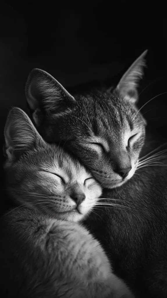 A black and white close-up captures two cats nestled together.  One cat, slightly larger, rests its head gently atop the other.  Both cats have their eyes closed, appearing peaceful and content in a tender embrace.  The dark background enhances the contrast, focusing attention on the cats' soft fur and serene expressions.  The image evokes feelings of warmth and companionship.