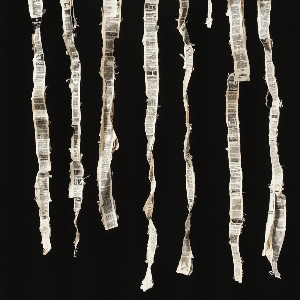 Against a stark black backdrop, several long strips of aged newspaper hang vertically.  The strips are frayed and tattered at the edges, giving them a distressed, antique appearance.  They vary slightly in length and hang somewhat unevenly, creating a visually interesting texture and suggesting a sense of time and decay.  The overall effect is both artistic and slightly melancholic.