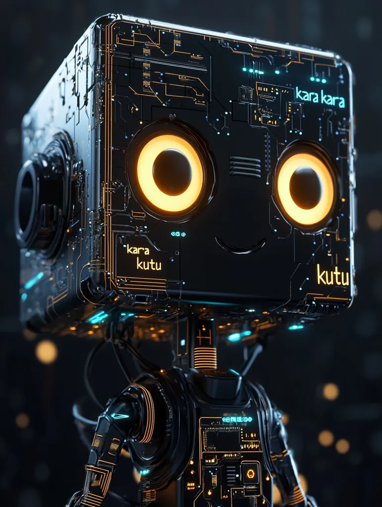 A cute, futuristic robot with a box-shaped head dominates the image.  Its dark body is accented with glowing orange circles resembling eyes and intricate, illuminated circuitry. The text "kara kutu" is visible on its head, possibly its name.  The robot's design blends sleek, mechanical elements with a charming, almost cartoonish aesthetic. The background is blurred, emphasizing the robot as the focal point.