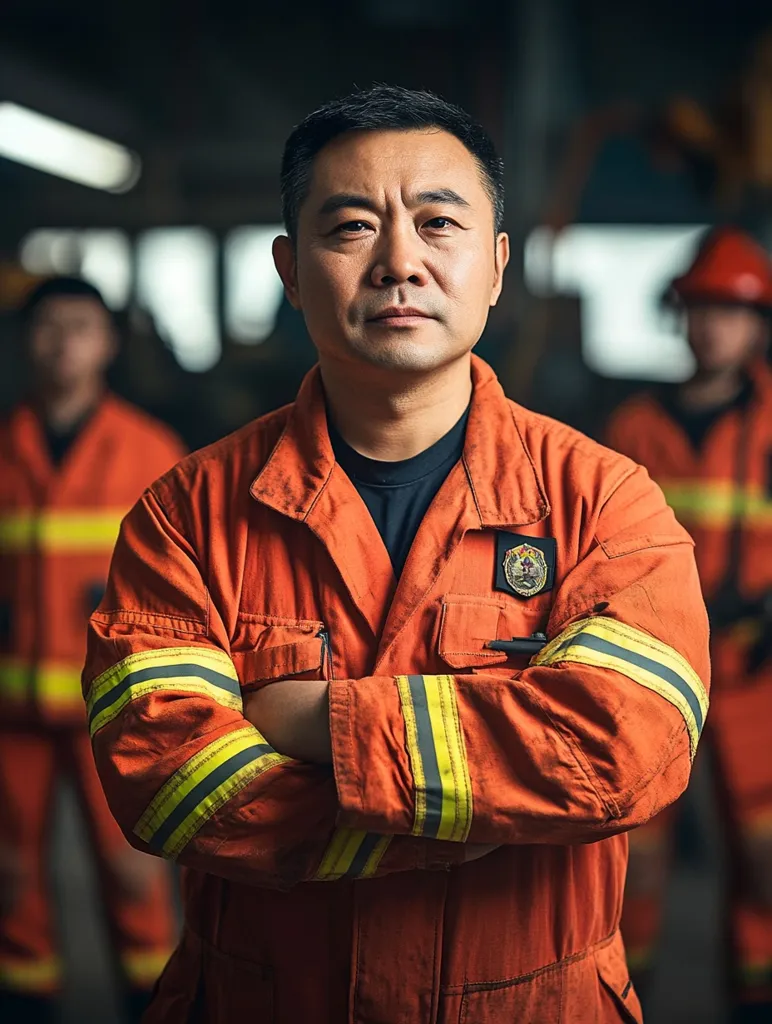 A portrait of a middle-aged Asian firefighter in an orange uniform stands with his arms crossed.  He has a serious expression. Two other firefighters are blurred in the background, suggesting a team or station setting. The image conveys strength, professionalism, and a sense of duty. The focus is sharp on the central figure, emphasizing his dedication.