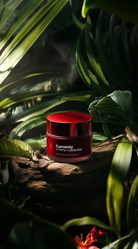 A dark red jar of "Currently" cream sits on a weathered log, nestled amongst lush, green tropical foliage.  The jar's label indicates it is "Currently in production." The scene is moody and evocative, highlighting the product's natural and luxurious feel.  Soft lighting and shadows create a dramatic, almost mystical atmosphere.