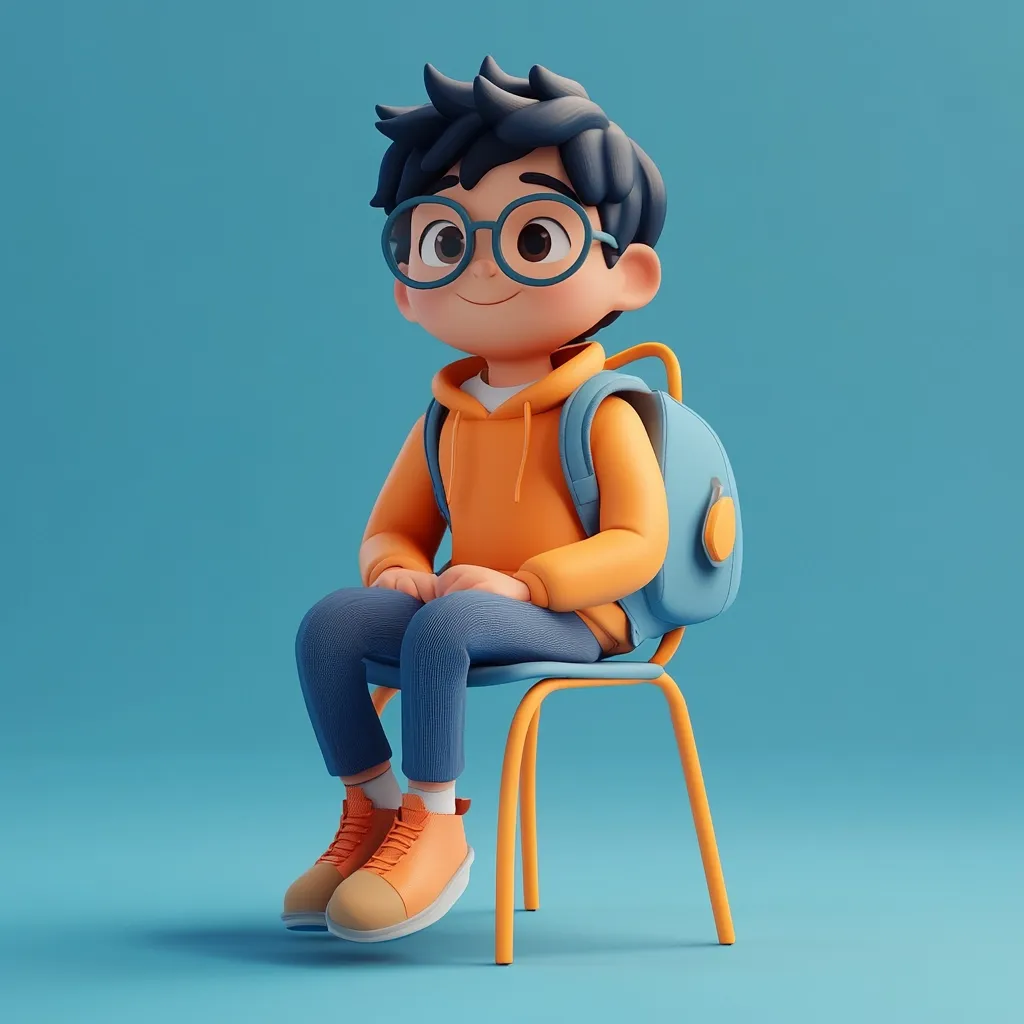 A cheerful 3D-rendered cartoon boy sits on a simple chair. He wears glasses, an orange hoodie, blue pants, and orange shoes.  A light blue backpack rests on his back.  The boy's expression is pleasant, and he appears to be waiting patiently. The background is a solid light blue.  The overall style is cute and friendly.