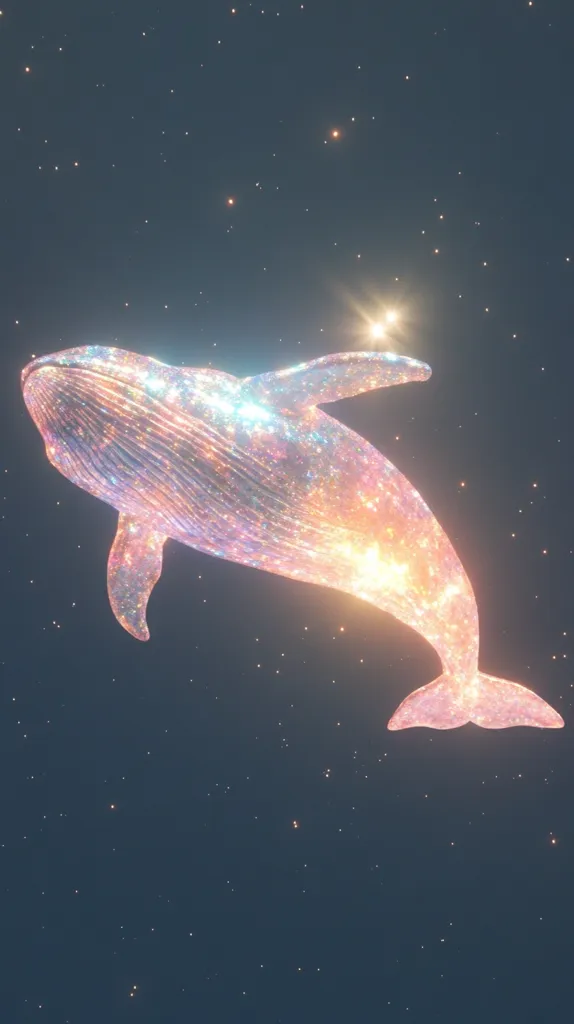 A celestial whale, seemingly composed of stardust and light, swims through a dark, star-speckled expanse.  Its translucent form glows with iridescent colors, creating a magical and ethereal scene. The whale's body is detailed with shimmering particles, suggesting a cosmic entity.  The overall image is serene and dreamlike.