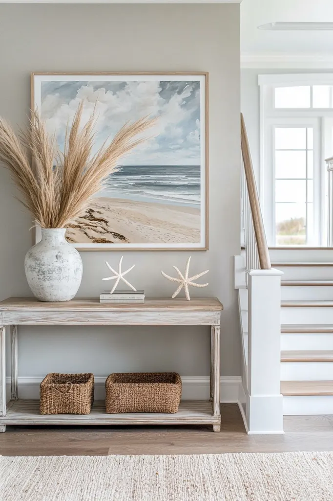 A light-toned console table sits beneath a large beach scene painting.  A vase of pampas grass and two starfish adorn the table, along with two woven baskets.  The table is situated in a hallway with a staircase leading to an upper floor, bathed in natural light from a nearby window.  The overall aesthetic is coastal and serene.