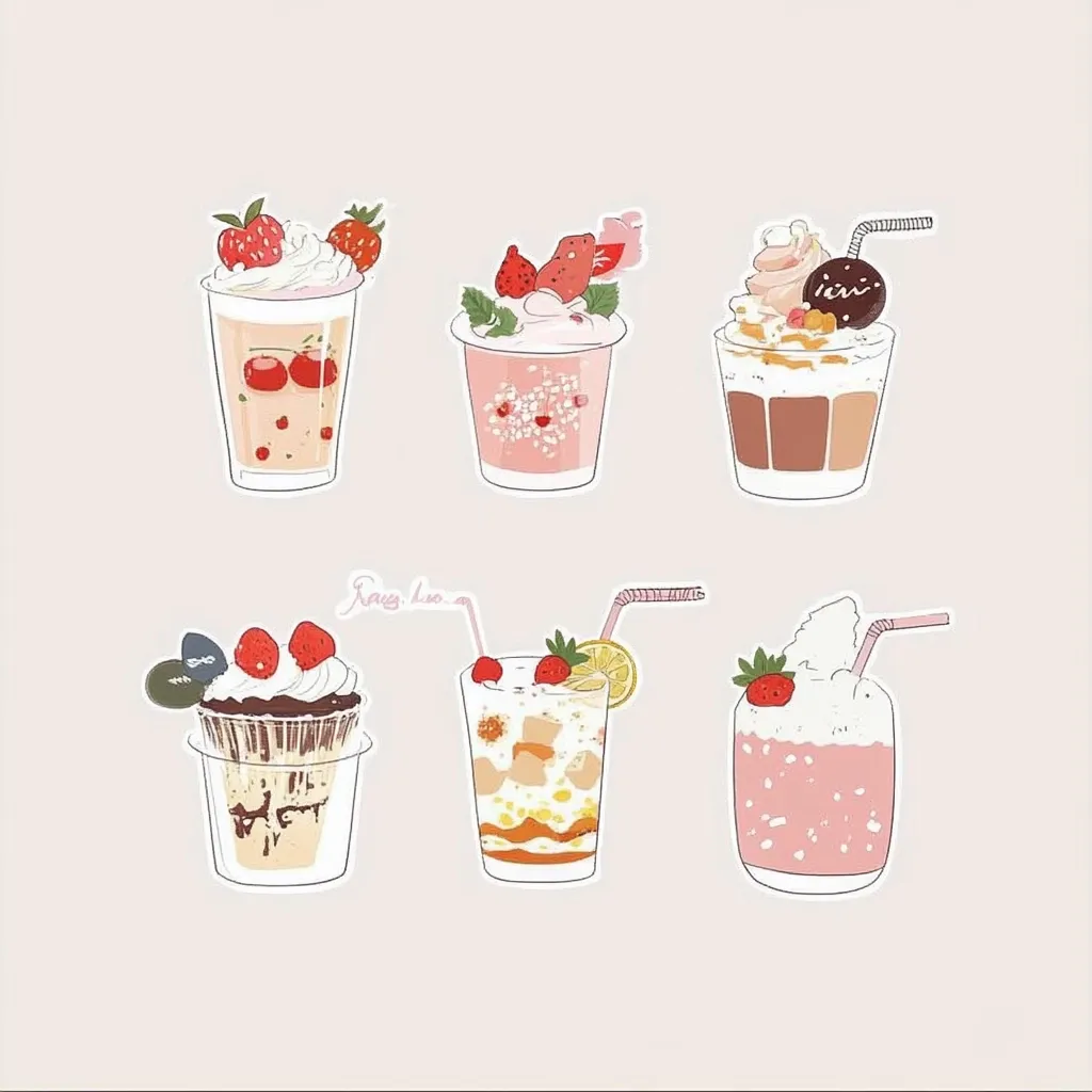 Six delightful illustrations of strawberry-themed desserts and drinks are presented.  Each features a whimsical, hand-drawn style with pastel colors.  The designs include strawberry parfaits, milk shakes, and a layered drink, all adorned with whipped cream, chocolate, and fresh strawberries.  They are charming and evoke a feeling of sweetness and indulgence.