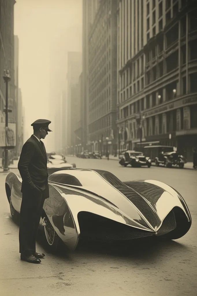 A chauffeur in a cap and suit stands beside a sleek, futuristic-looking car on a city street.  The car is highly polished, reflecting the buildings in the background.  The scene is monochromatic, evoking a sense of 1930s elegance and sophistication.  The tall buildings of a bustling city form a backdrop to this striking image of a vehicle that seems ahead of its time.