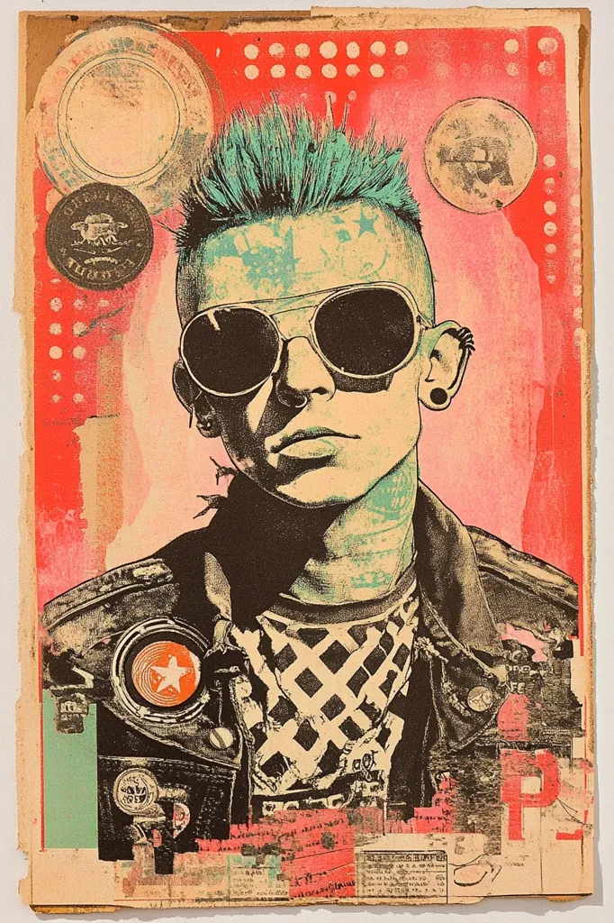 A vibrant, collage-style portrait of a punk rocker.  The subject has teal hair, aviator sunglasses, and visible tattoos.  The background is a bold red, layered with distressed textures and graphic elements including circular stamps and polka dots. The overall aesthetic is reminiscent of street art and punk culture, with a mix of bold colors and gritty textures. The artist uses a style combining screen printing and collage techniques.