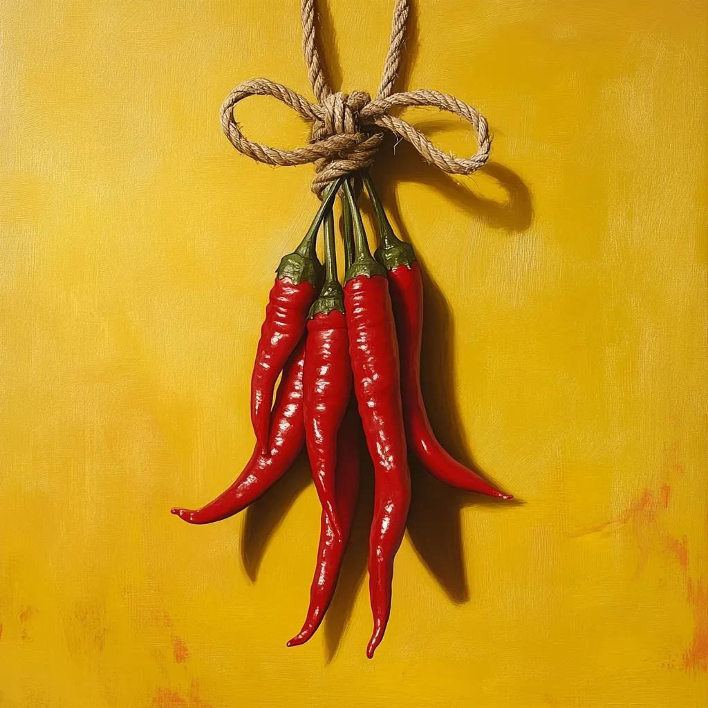 A bunch of five vibrant red chili peppers are tied together with a rustic, light brown rope, creating a bow at the top. The peppers hang against a bright, textured yellow background, their glossy surfaces and sharp points contrasting with the soft, muted yellow. The image is a still life, possibly a painting, emphasizing the color and texture of the peppers and the rope.