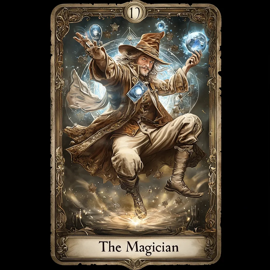 A stylized depiction of "The Magician" tarot card.  A long-haired, bearded man in a wide-brimmed hat and flowing robe levitates, manipulating glowing orbs.  The ornate card frame features flourishes and a number "10."  The scene is rich in detail, with swirling particles and a mystical atmosphere. The image is reminiscent of fantasy art and evokes a sense of magic and power.