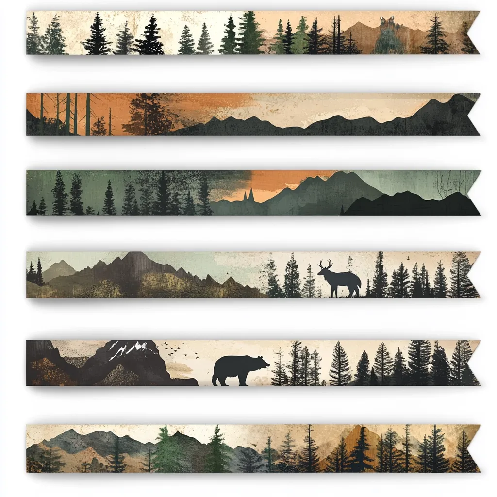 Five horizontal landscape banners depict serene mountain scenes.  Each banner features a textured, muted color palette with silhouettes of evergreen trees.  Three banners showcase additional wildlife silhouettes: a deer, a bear, and a variation of the mountain range. The overall style evokes a sense of calm wilderness.
