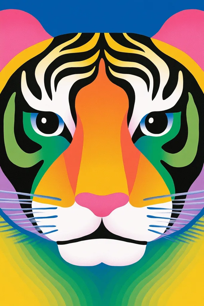 A vibrant, stylized tiger's face dominates the image.  Bold, graphic lines and saturated colors—including pink, orange, yellow, green, and black—create a striking, almost psychedelic effect. The tiger's features are simplified, yet expressive, conveying a sense of power and calm. The background subtly transitions through a rainbow gradient, further enhancing the artwork's bold aesthetic.