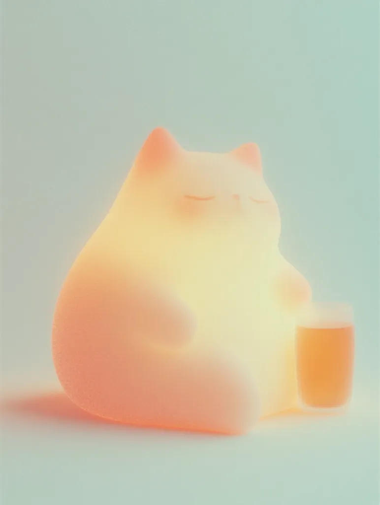 A softly glowing, peach-colored cat-shaped lamp sits on a light-blue surface.  Its eyes are closed, suggesting a peaceful or sleepy demeanor.  A small, translucent glass containing a light amber liquid rests beside the lamp, completing the serene and minimalist scene. The overall effect is calming and gentle.