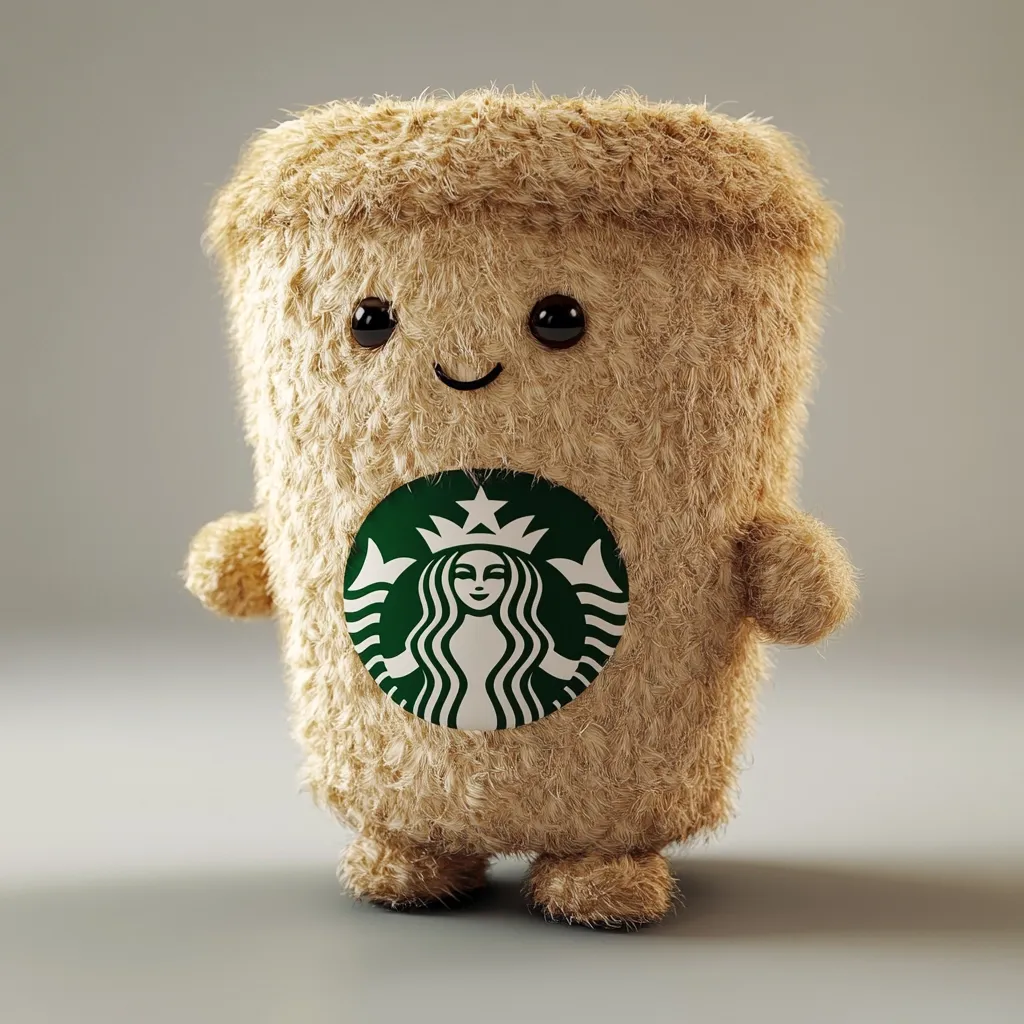 A charming, fluffy plush toy shaped like a Starbucks coffee cup stands against a muted gray background.  Its light brown fur is soft and textured, and its face features simple, expressive eyes and a small smile.  The iconic Starbucks green siren logo is prominently displayed on its front. The overall impression is one of warmth and cuteness.