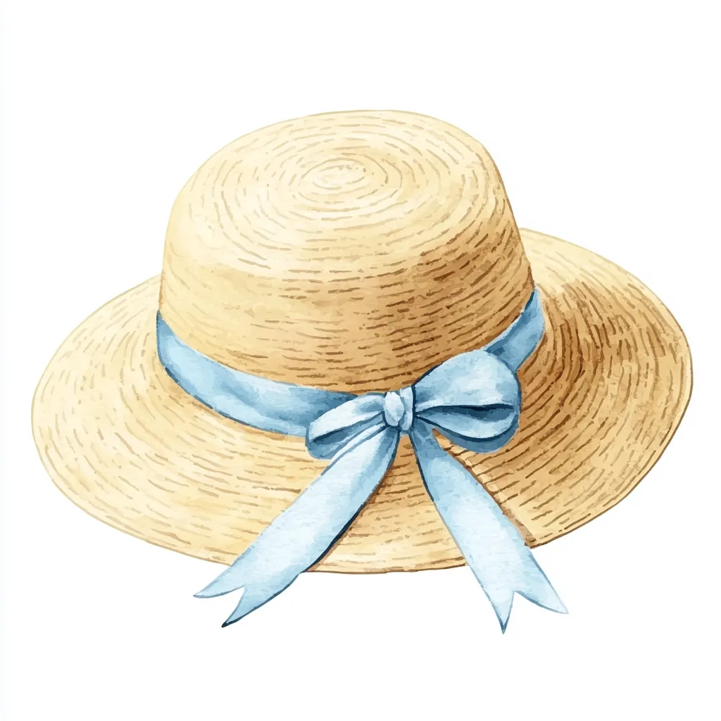 A watercolor painting of a straw boater hat adorned with a light blue ribbon tied in a bow.  The hat is light beige, with a wide brim and a slightly indented crown. The ribbon adds a touch of elegance and color contrast against the warm tones of the straw. The style is reminiscent of vintage or classic summer fashion.