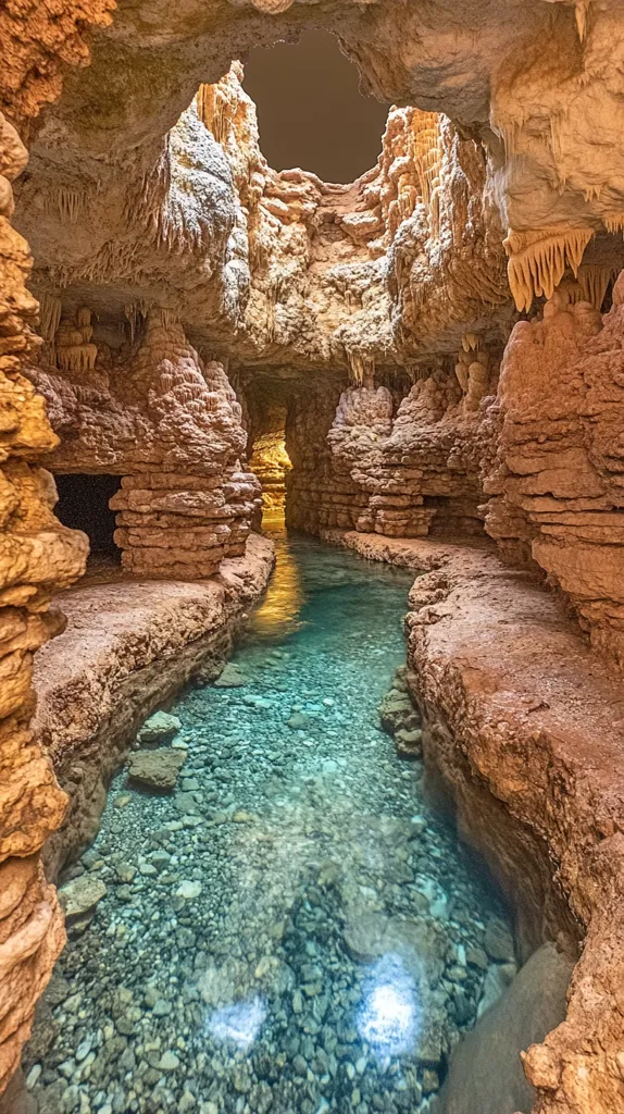 A subterranean river flows through a narrow passage carved into stunning rock formations.  Crystal-clear water reveals a pebbled riverbed.  The cave walls are adorned with intricate stalactites and layered rock textures, creating a breathtaking natural spectacle of light and shadow.  An opening above lets in a soft light, illuminating the ethereal beauty of the subterranean world.