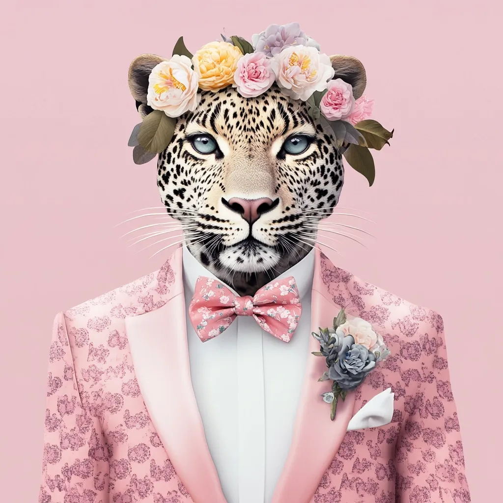 A leopard's head is seamlessly blended onto a human body dressed in a pink floral-patterned tuxedo.  The leopard wears a delicate floral crown and a matching pink bow tie. A small boutonniere adds a touch of elegance to the sophisticated, yet whimsical, attire. The overall effect is both striking and surreal against a pale pink background.