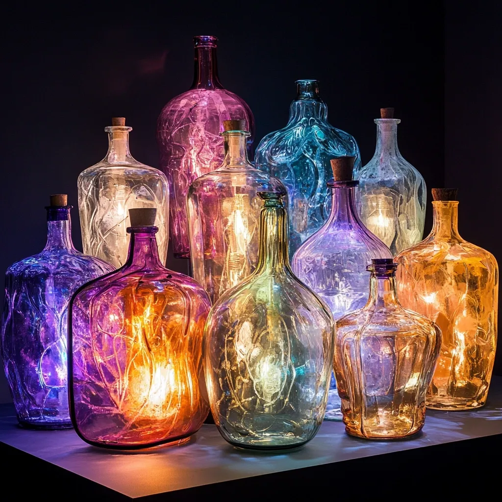 A collection of colorful glass bottles, varying in shape and size, are illuminated from within by warm-toned lights.  The bottles are arranged on a dark surface, creating a visually striking display.  Their translucent nature allows the light to diffuse beautifully, casting a soft glow on the surrounding area. The overall effect is one of artistic ambiance and whimsical charm.