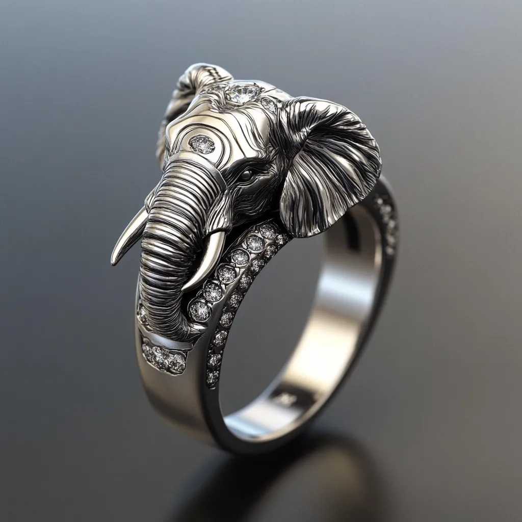 A striking silver ring features a meticulously detailed elephant head, its textured skin and tusks realistically rendered.  Small diamonds encircle the band, adding sparkle and sophistication.  The ring's design is bold and eye-catching, a statement piece for the discerning wearer.  The dark background highlights the ring's metallic gleam.