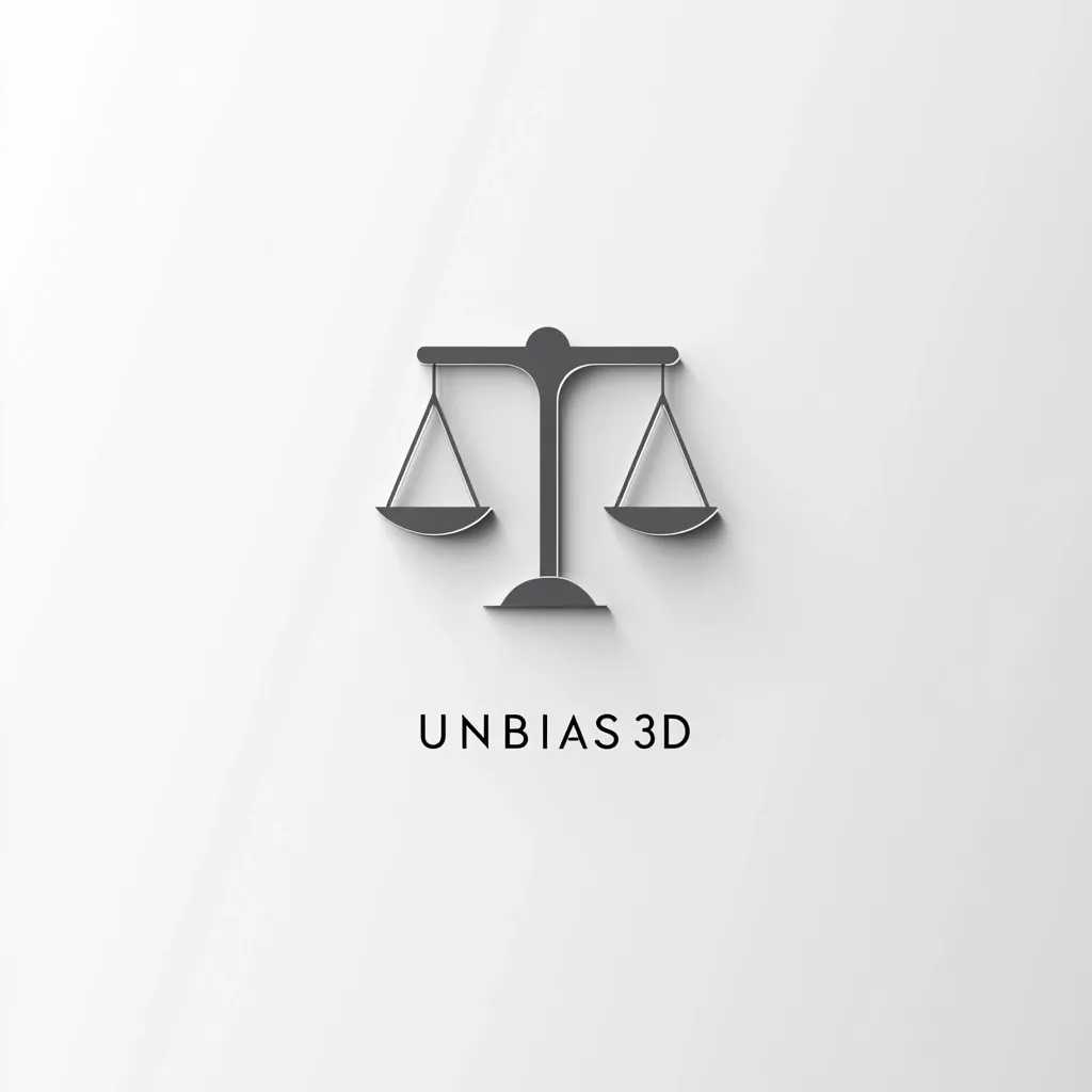 A minimalist design features a grayscale scales of justice icon, centrally positioned against a plain white backdrop.  Below the icon, the text "UNBIAS 3D" is subtly displayed. The image suggests fairness, balance, and the concept of unbiased 3D technology or representation.  The overall aesthetic is clean and modern.
